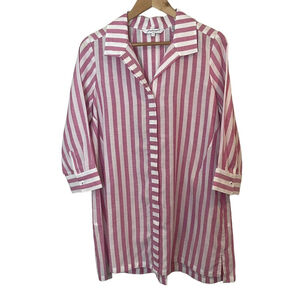 Foxcroft Button Down Tunic Shirt Sz 8 Pink White Stripe Coastal Tencel Linen EUC